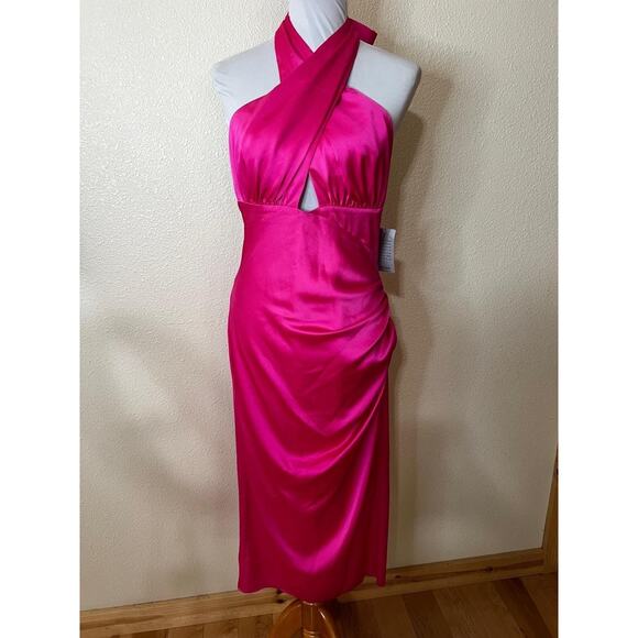 Milly Nicolette Womens Hot Pink Halter Ruched Satin Midi Dress Chic NEW 10 - Picture 2 of 7